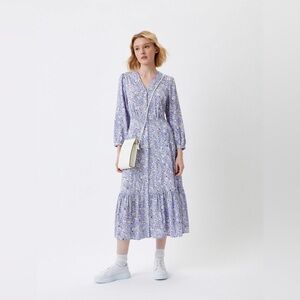 UNIQLO V-Neck 3/4 Sleeve Flare Purple Lilac Midi Floral Dress Size M Cottagecore